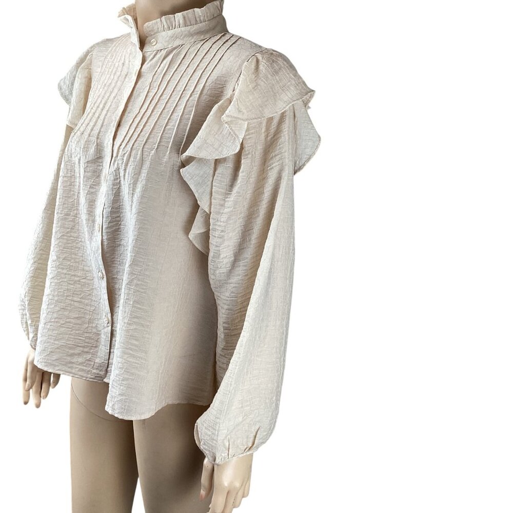 Mng Mango Lyocell Blouse Top Size Small Beige Ruf… - image 7